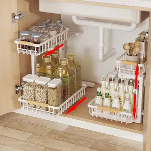 Height-adjustable metal under-sink 2-tier pull-out drawer storage rack for kitchen and bathroom cabinets mini box