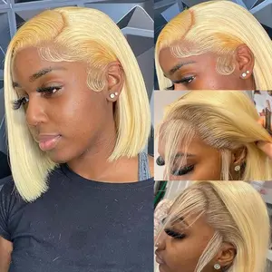 Blonde Bob Wig Human Hair Straight 613 Bob Wig Human Hair 12 Inch 180 Density 613 Blonde Suitable for All Hair Types 13x4 HD Transparent Lace Wigs for Women Glueless Wigs with Baby Hair