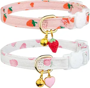 2 Pack Cotton Breakaway Cat Collar Pink Strawberries and White Heart Shaped Pendant Cute Kitten Cat Collar with Bell