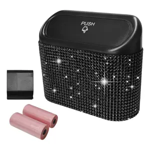 Bling Car Trash Can with Lid, Leakproof Mini Rhinestone Auto Garbage Bin with Trash Bags, Sparkling Crystal Garbage Container Interior Organizer for Vehicle Home Office