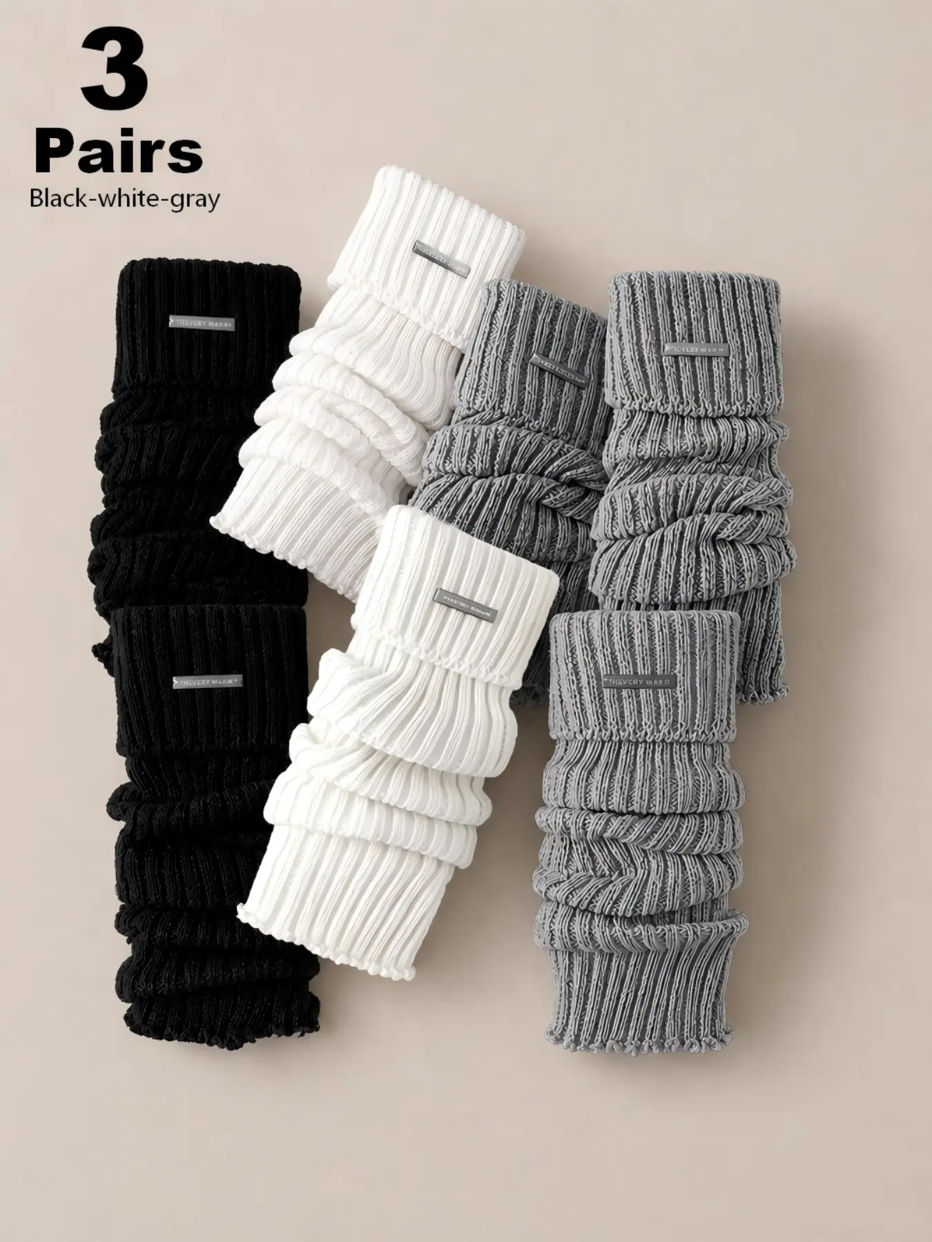 3 Pairs Women's Knit Leg Warmer Set, Black/White/Grey Colors, Fitted Design, All-Season Comfortable Leg Warmers, Ideal for Daily & Casual Wear