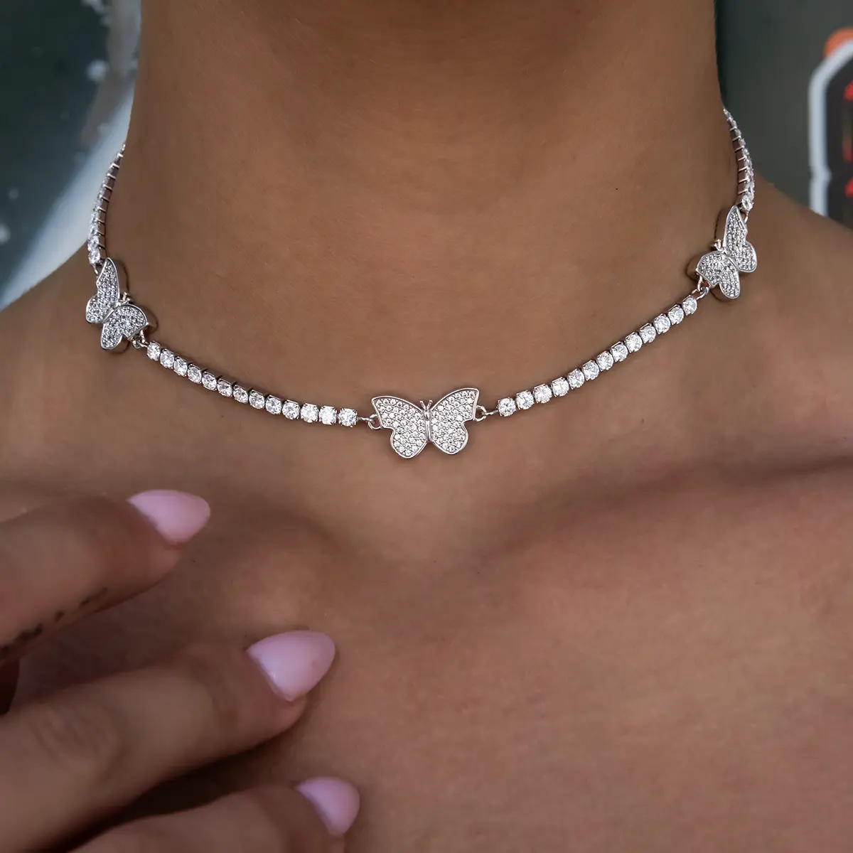 GLD Micro Tennis Butterfly Necklace in White Gold
