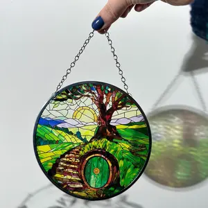 Shire Stained Glass Sun Catcher – Fantasy Book Lover Gift, Cottagecore Window Decor, Enchanting Hobbit-Inspired Home Accent, Bookish Ornament