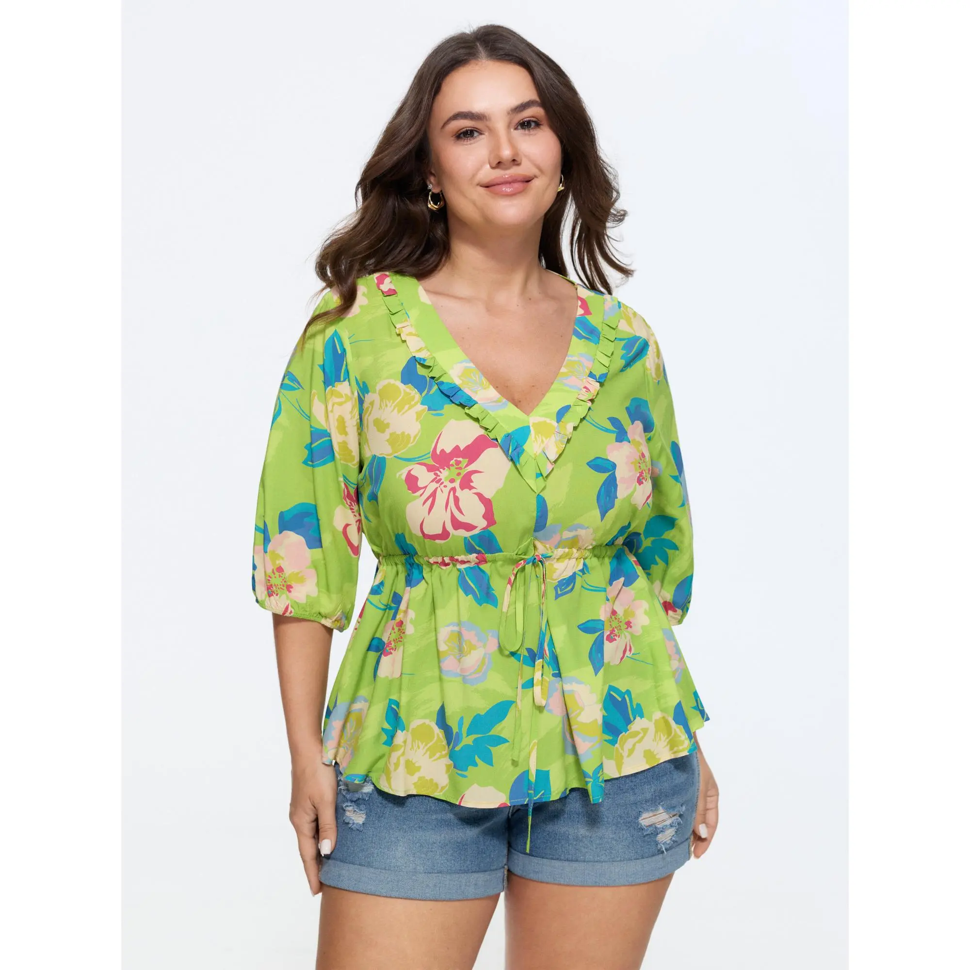 BLOOMCHIC Women's Plus Size Supersoft Smooth Rayon Fabric Floral Print Drawstring Blouse with Sleeve, Plus Size Garment [M-6X] 2026 Summerfinds, Fit, Shirts, Tops, Short Top, Flower Pattern, Waist Drawcord, Shortsleeve, Playful, Lantern, Do Not Tumble Dry