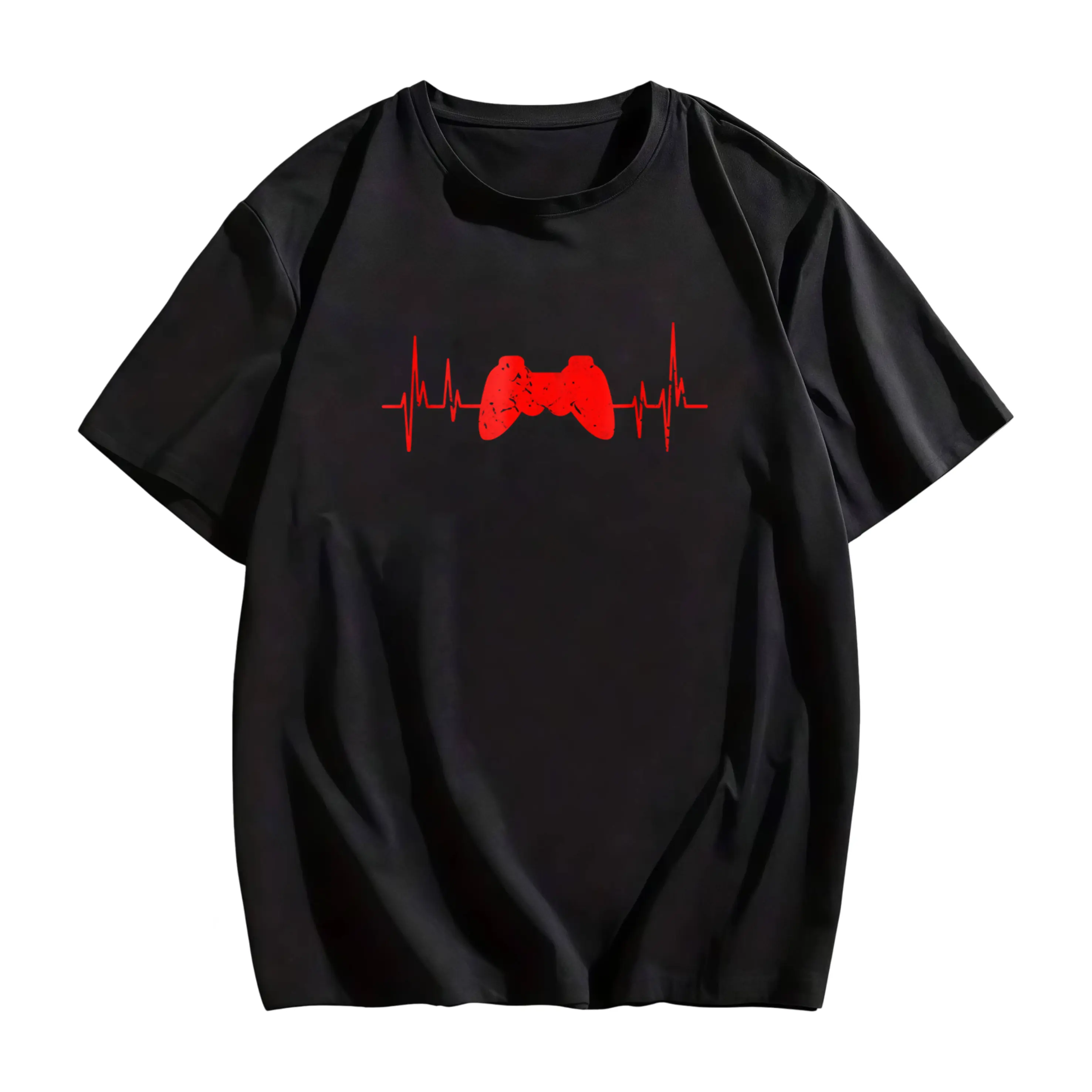Gaming Heartbeat Graphic T-Shirt -  with Red Video Game Controller Design And ECG Lines, Fun And Creative Gift for Gamers, Perfect for Casual Wear, Summer Style