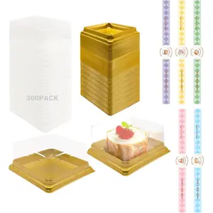 100 Set 3.5 Inch Clear Plastic Moon Cake Box Mini Cake Cupcake Small Muffins Boxes Cake Pans with Lids Gift Dessert Containers Bonus 100 Pcs Cake Stickers