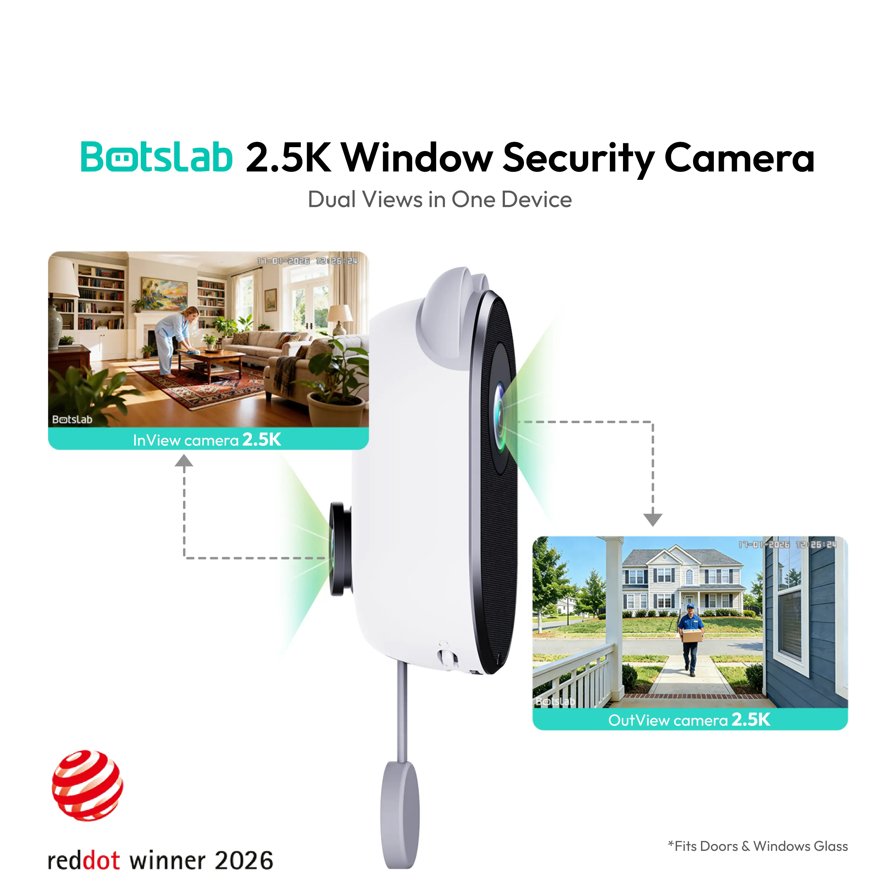 [summerfinds]Botslab Dual 2.5K Window Security Camera - Dual View, True Color Night Vision, 24/7 Recording, App Alerts