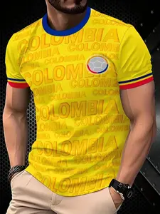 Men's Colombia National Team Comfortable Round Neck Sweatshirt, Colombian Flag Print, Geometric, Short Sleeve, Fitted, Casual Wear, All Seasons