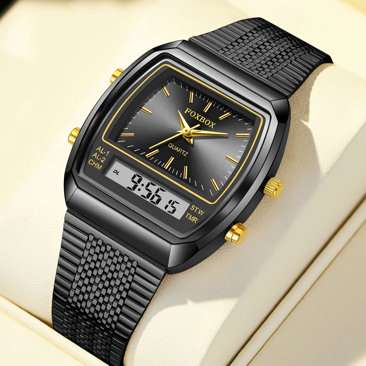 FOXBOX Unisex Retro Futuristic Rectangle Watch with Metal Milanese Mesh Strap, Waterproof Dual Display Analog-Digital for Sport Use, Luminous 2-Zone Dial, Metal Strap, Two-Zone Dial