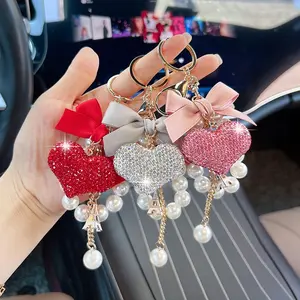 Fashion Bow Pearl Chain Keychain, Rhinestone Heart Design, Elegant Ladies Bag Charm, Perfect Gift Decoration Accessory, Bling Bling Keychains