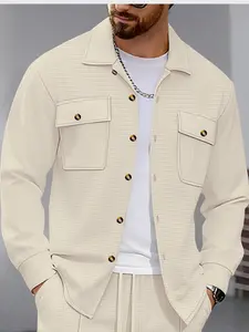 Men's Waffle Knit Lapel Jacket, Button Front & Dual Side Pockets, Casual Fashion Style, Perfect for Daily Commute & Leisure Outings