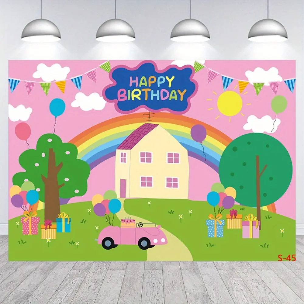 Girls' Pink Pig Themed Rectangular Digital Print Tapestry, 60x40in Home Decor Backdrop - Cartoon House-Trees Design, Princess Photo Booth Prop, Machine Washable Brightening Gift, Sofa Covers Accessory