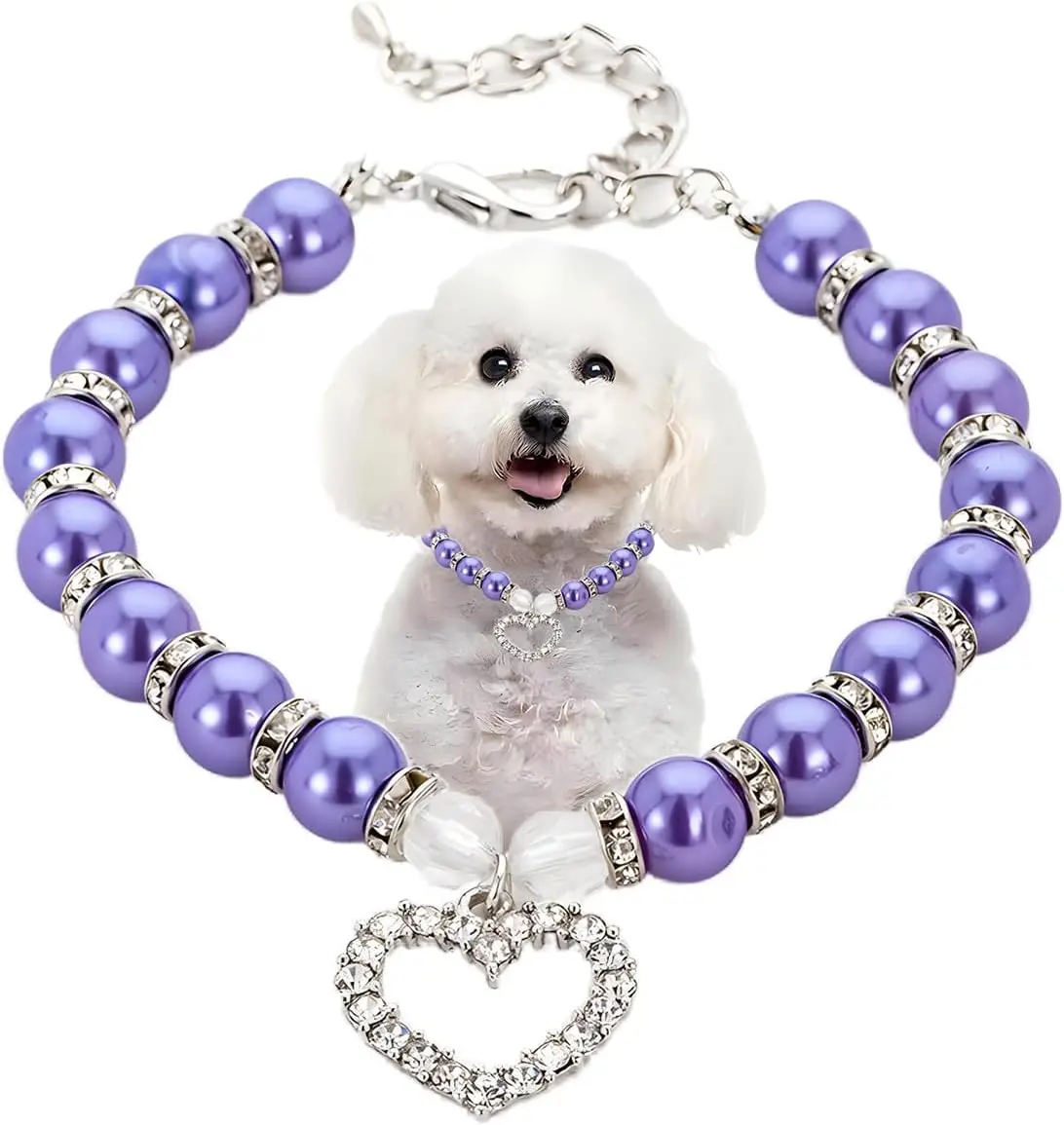 PetFancy Cute Fantasy Pearl Necklace Collar for Small Dogs - Rhinestone Hearts Pendant, Adjustable Jewelry Clasp, Charming Look, Perfect Gift for Birthday Travel