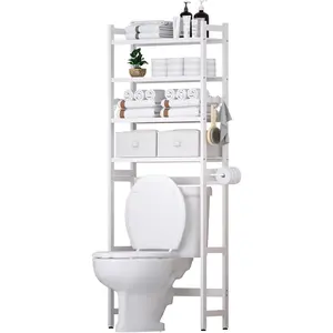 Over The Toilet Storage with 2 Baskets, 4-Tier Bamboo Organizer Rack with Paper Holder & 4 Hooks & Waterproof Feet Pad,Freestanding Shelf for Bathroom(White)