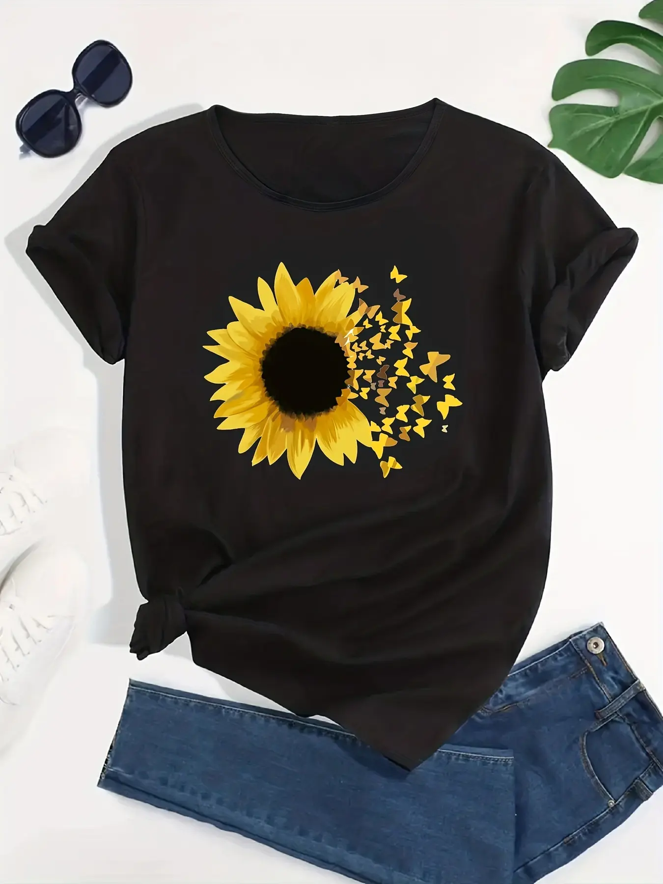Fashion Sunflower Graphic Sports Short Sleeve T-shirts, Butterfly Print Casual Sports Tops For Running, Women's Summer Tops