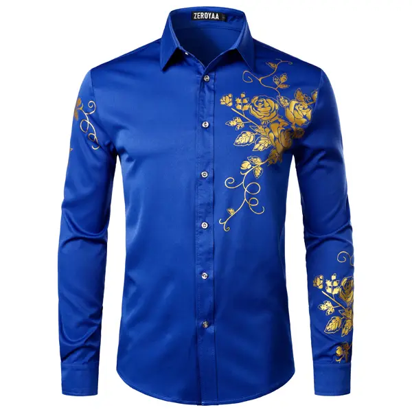 ZEROYAA Men's Fitted Button-Up Dress Shirt - Slim-Fit, Lightweight Stretch Fabric, Botanical Floral Print Long-Sleeve Top for Night Out, Friends Gatherings