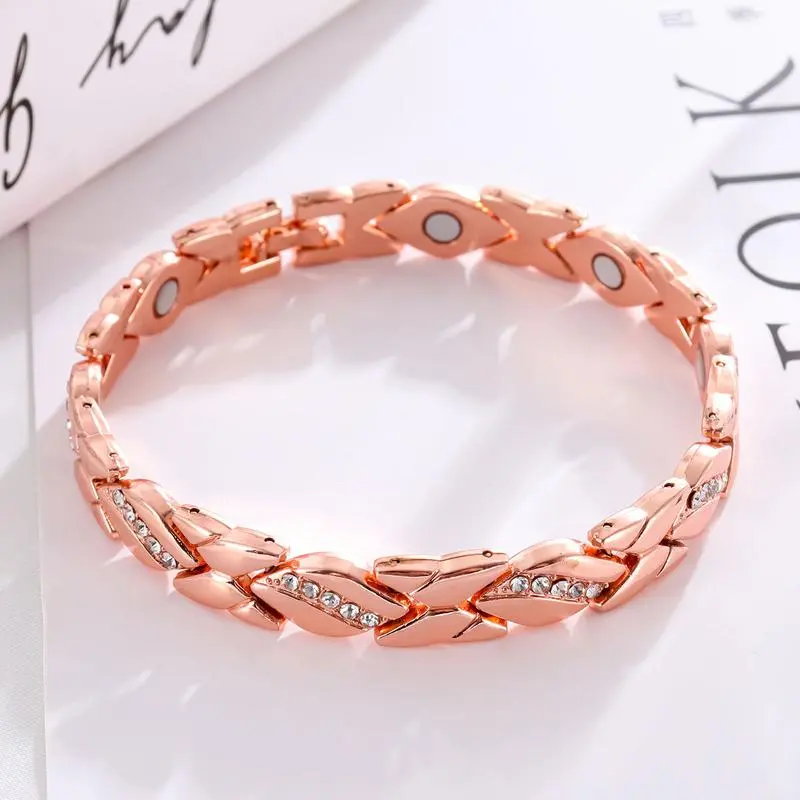 Women's leaf bracelet, pure copper magnetic bracelet with diamonds, 3500 gauss effective magnet, outdoor fun stylish bracelet, large size 7.48-9.45 inches, women fashion wrist jewelry