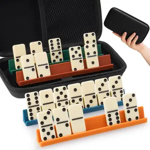 Double 6 Compact Dominos Set for Adults with 28 Tiles 1.6x0.8x0.2 Inches & 4 Silicone Domino Racks, Classic Board Games with Portable Case