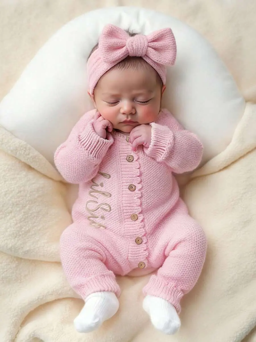 ROSY x  2Pcs Set 'Little Sister' Embroidered Newborn Girl Photography Outfits Knitted Jumpsuit Romper With Bowknot Headband,Light Pink,Autumn,Cute,Photo Shoot