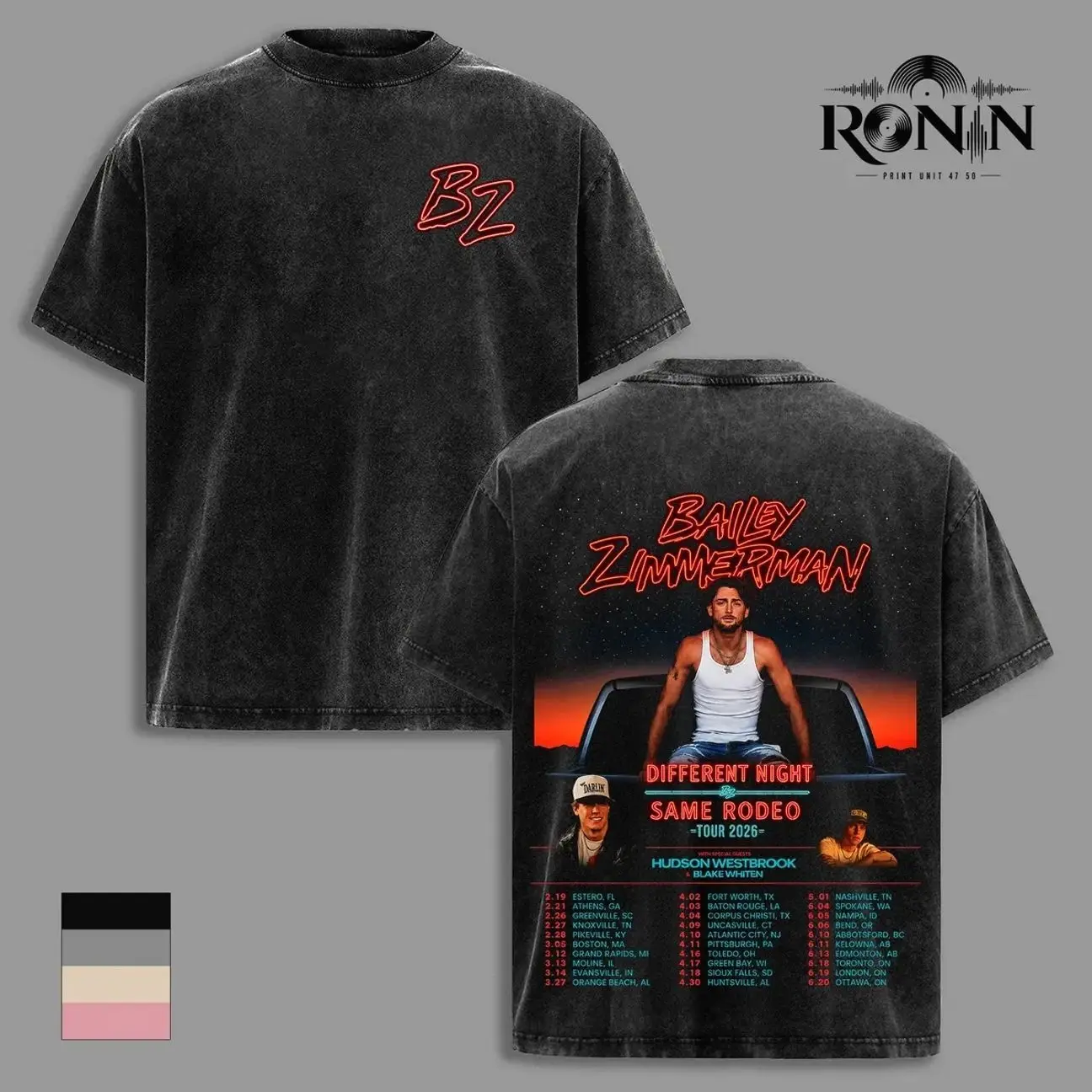 Bailey Zimmerman Different Night Same Rodeo Tour 2026 T Shirt Vintage Washed Country Music Graphic Tee Double Sided Heavyweight Cotton Oversized Unisex Apparel KOR UKW