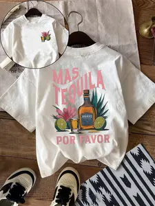 Fun Tequila Lover Statement Shirt, Floral Print Tee, Mexican Drinking Gift, Summer Casual Round Neck Top, Loose-Fitting Letter Pattern