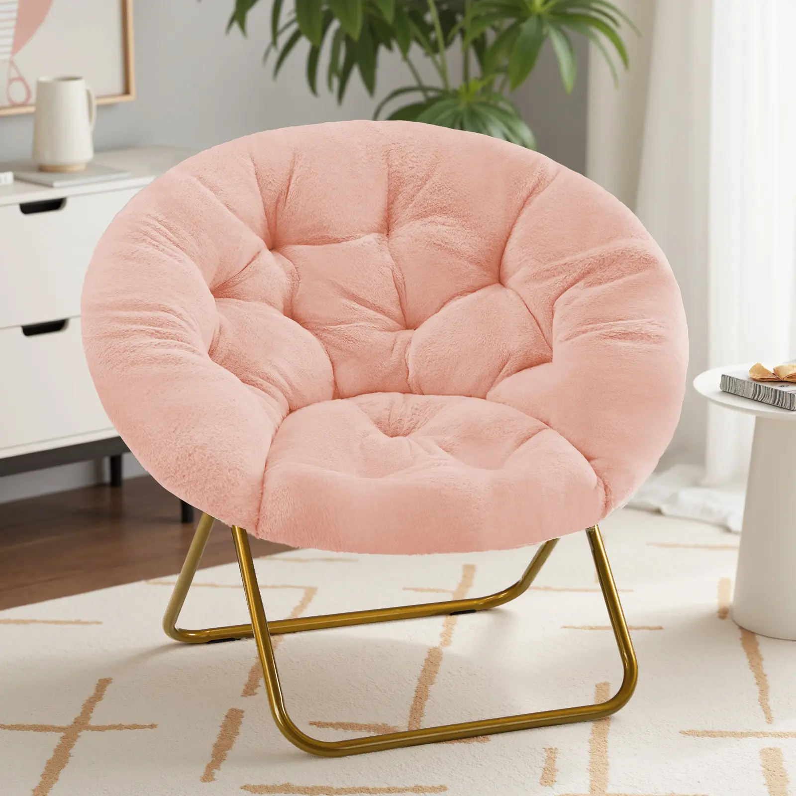 X-Large Armless Round Faux Fur Saucer Chair - Modern Foldable Lounge Chair with Soft Padding and Metal Base, Folding Seat for Teens, Ideal for Bedroom, Living Room