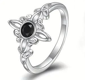 Witches Knot Sterling Silver Ring, Celtic Trinity Knot Hecate Goddess Witch Magic Ring, Ripple Fashion Black Onyx Stone Ring for Women Birthday Christmas Gift Wedding Engagement Ring Solitaire Ring