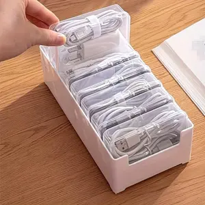 Durable PP Cable Organizer Box with 7 Small Transparent Compartments and Large Storage Bin for Charger and Data Line Management, Multifunctional Storage Bin, Multi Compartment Design