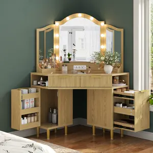 Large Corner Vanity Desk with 3 Way Mirror and LED Lights, Corner Makeup Vanities Desk with Glass Top and Power Outlet, Fluted Drawers and Storage Cabinet
