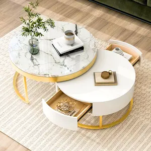 Modern Round Nesting Coffee Table Living Room Center Table with Drawers, White
