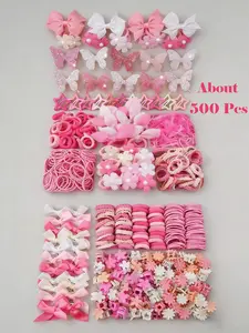 500pcs/Set Girls' Pink Bowknot Hair Clips, Cute Princess Hair Accessories, Elastic Hair Accessory, High Elastic Durable Non-Damaging Hair Ties, Hair Bands, Rabbit Ear Hair Rings, Versatile Duck Clip Barrettes, Hair Accessories Sets, Suitable For Daily Use