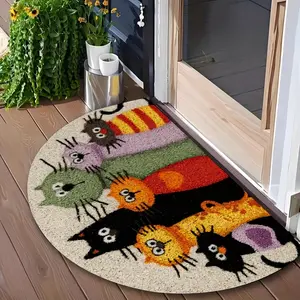 Half Round Humorous Cartoon Cat Mat, Colorful Non-Slip Indoor Outdoor Rug, Entrance Hall Garden Kitchen, Durable Polyester Gift for Cat Lovers, Animal Printed Rug