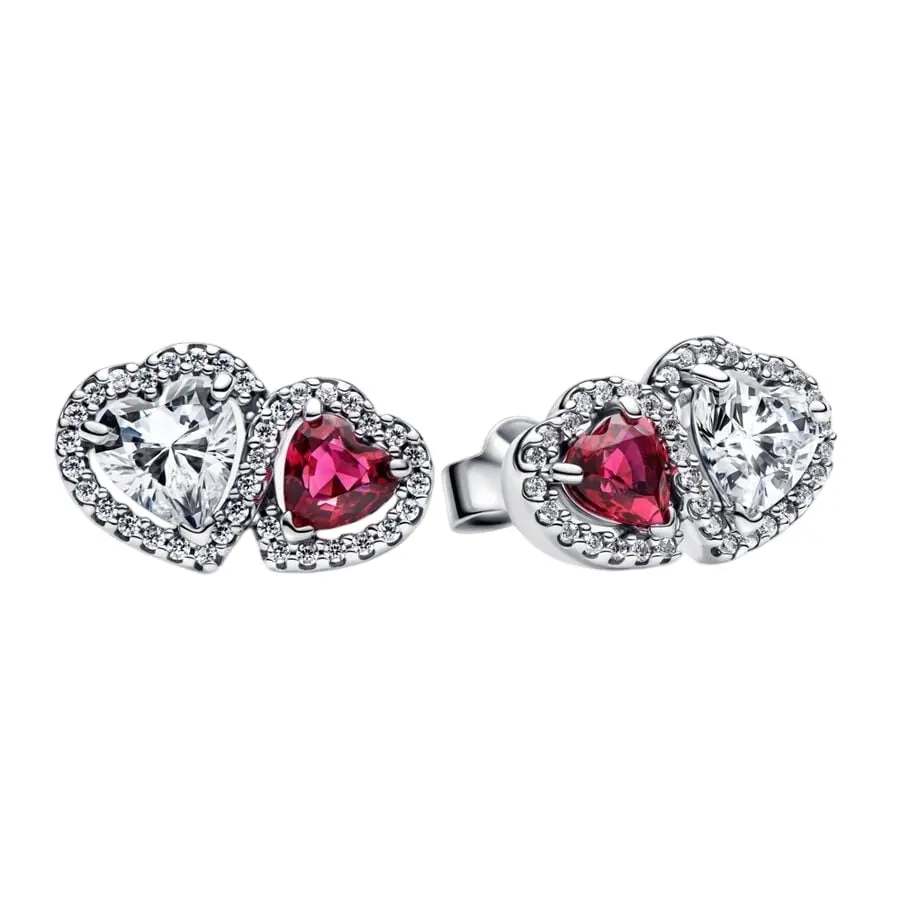 PANDORA Halo Hearts Stud Earrings, Unisex Sterling Silver Jewelry with Red Gemstone and Cubic Zirconia, Daily Wear for Adults 293633C01, Heart Cut, Everyday Wear, 1 Pair, 36 Micro Cubic Zirconia, Butterfly Back
