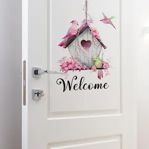 Cute Bird & House Pattern Door Sticker, Welcome Removable Self-adhesive Door Sign, Decorative Sticker for Home Living Room Front Door, Home Decor Collection, Decorative Decal, Door Decorations