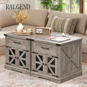 Farmhouse End Table with Charging Station, 24" Large Sofa Side Table with Drawer, Large End Table for Living Room, Wooden Nightstand with Outlet, Square, Greige