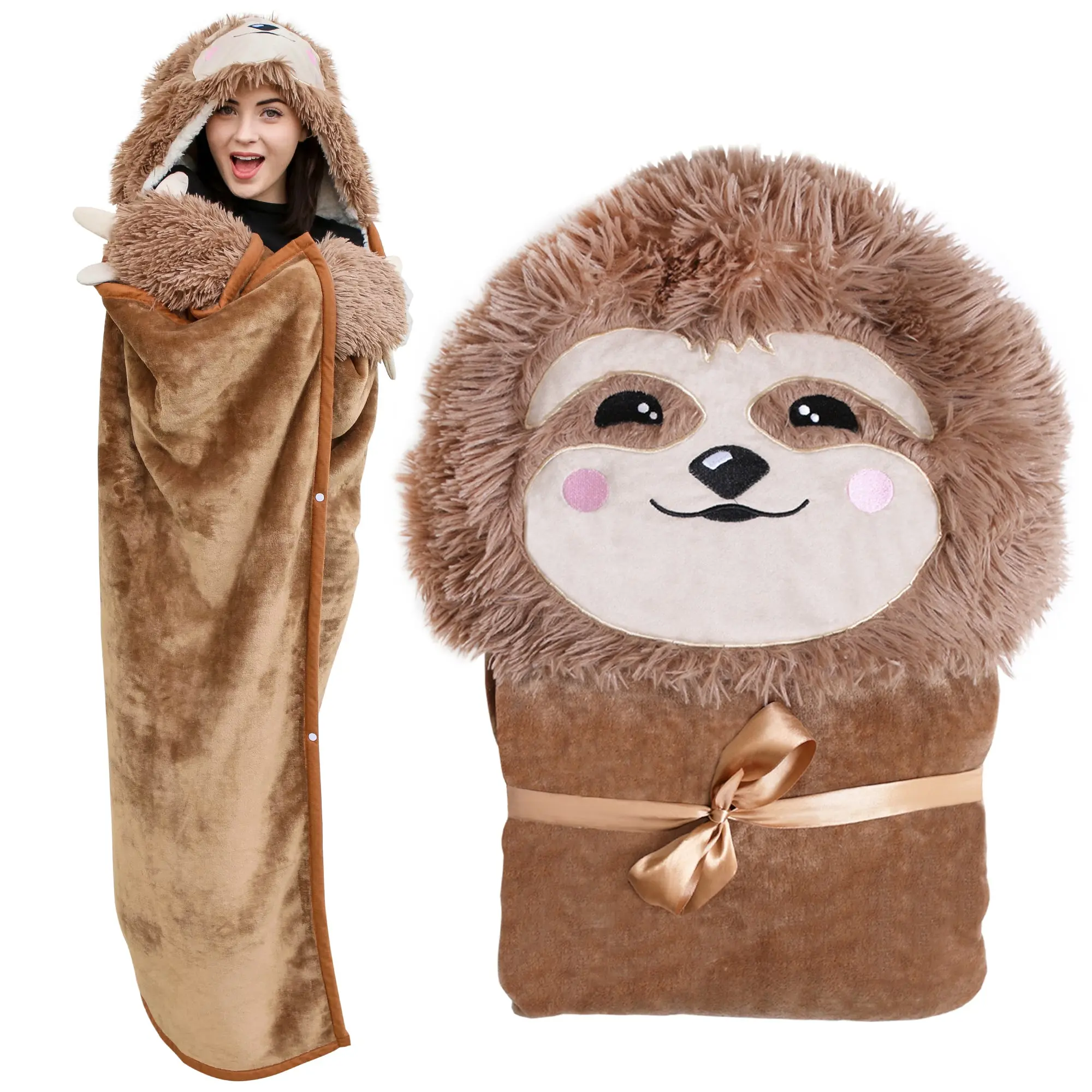Sloth Wearable Hooded Blanket with Pendant Necklace - Cozy Oversized Blanket Hoodie with Claws Hand Gloves- Gift for Women, Adults and Kids