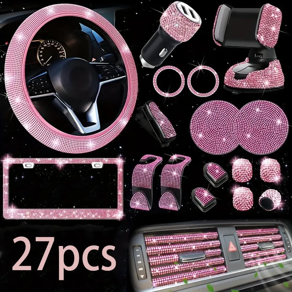 27-Piece Car Accessories Set, Interior Accessories For Car, Crystal Rhinestone Car Interior Kit, Car Interior Sets, Steering Wheel Cover, License Plate Frame, Phone Holder, Cup Mat, Car Interior Accessory