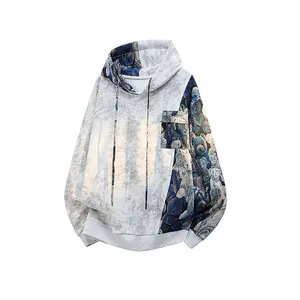 Men’s Tie-Dye Embroidered Patchwork Hoodie — Autumn/Winter trendy brand design, loose fit jacket; regular style; fleece-lined; warm, comfortable, soft long-sleeve pullover hoodie suitable for casual daily wear and travel outings.