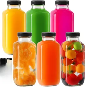 Glass Juice Bottles with Lids 16 oz, Reusable Glass Bottles 6 pcs, Square Juice Jars, Drink Containers with Caps for Smoothies, Kombucha, Beverages