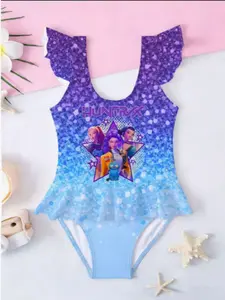 Girls' K-Girls Printed Jumpsuit, Cyberpunk Cool Style One-Piece Swimsuit, Sporty Slim-Fitting Swimwear