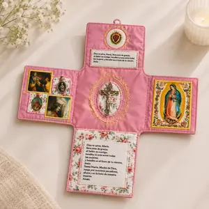 Handmade Catholic Prayer Pocket, Sacred Heart & Virgin Mary Cross Set with English Prayer Card & Linen Gift Bag