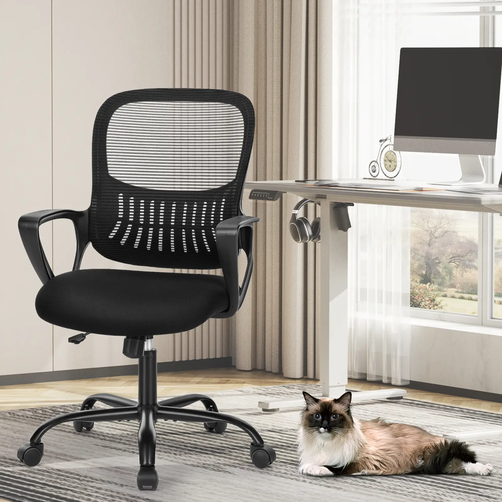 Sweet Furniture F Office Chair, Mid Back Computer Ergonomic Mesh Desk with Larger Seat, Executive Height Adjustable Swivel Task with Lumbar Support an