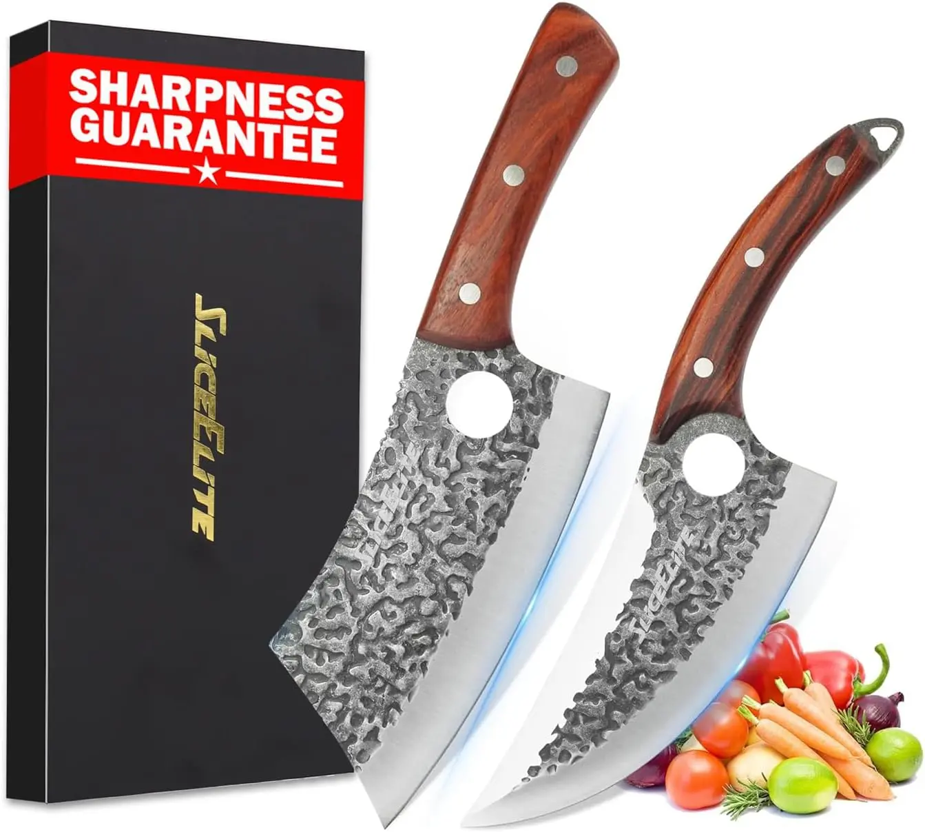 SliceElite 2PCS Hand-Forged Butcher Knife Set | Cleaver & Viking Knives for Meat Cutting | Professional Chef Knife Gift Box, Perfect BBQ Tool for Men