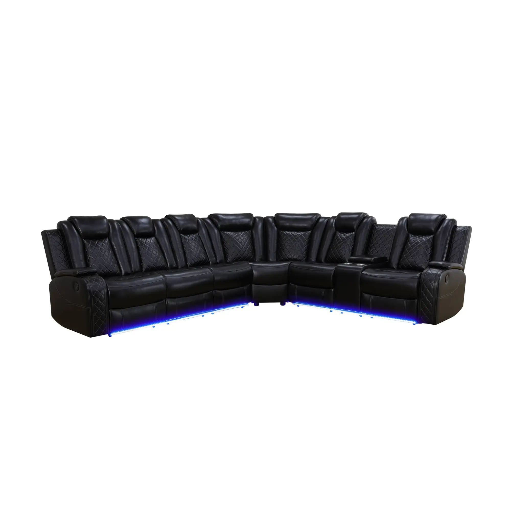 Black Faux Leather Power Reclining Sectional Sofa - Living Room Furniture, Furniture Living Room Home Theater Seating with Hidden Storage Console, LED Base Lighting, Padded Headrest for Movie Night
