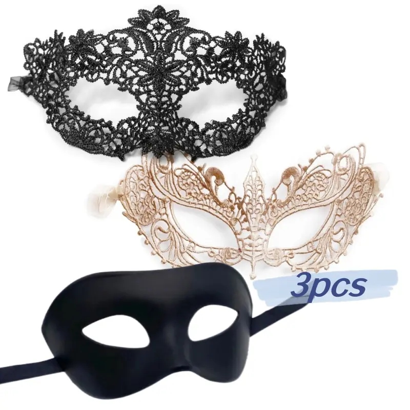 Couples' Gold and Black Lace Venetian Costume Masks - 3-Pack Festive Carnival Accessories, Mardi Gras Party Prop, Costume Mask, Carnival Mask Costume Accessories