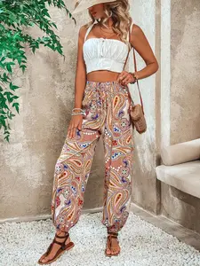 Summer Vacation Loose Paisley Printed Lantern Pants, Elastic Waistband, Lightweight Fabric, Vintage Ethnic Print, Beach Casual Long Pants, Casual Fashion Pants