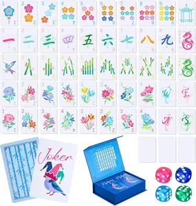 168-Piece Vibrant American-Style Numbered Large Print Scratchproof PVC Tile Playing Card Set, 4 Dices, 2 Storage Boxes for Travel, Home, Portable Floral Blue Gift tiktokshopspringglowup