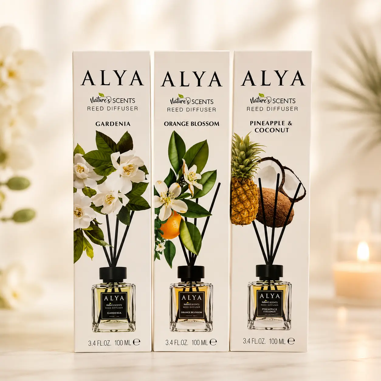 Alya Reed Diffuser Nature's Scents 3.4 FL OZ 100 ML Rich Scent for Cozy Home Fragrance Enhancing orange Blosson Gardenia pineapple coconut Aromatic Amberwood Flower