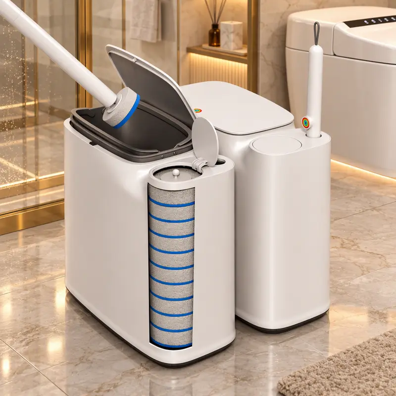 Bathroom Trash Can, 2-in-1 Bathroom Trash Can with Disposable Toilet Brush, Waterproof Slim Waste Bin with Removable Inner Bucket, Disposable Toilet Cleaning Kit, Space-Saving for powder room
