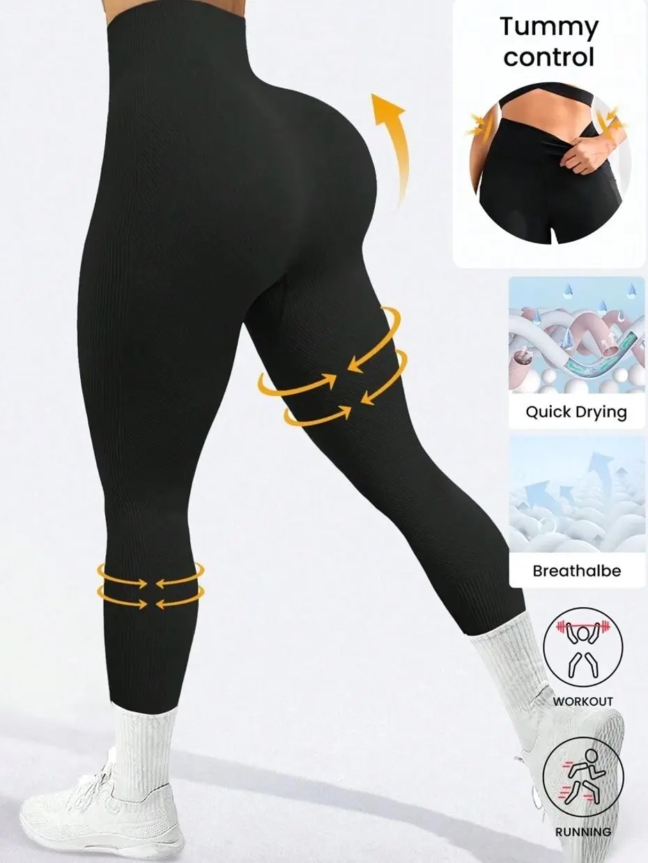 Women's Seamless Ribbed Yoga Tights High Waist Tummy Control Lifting Compression Pants for Workout and Fitness